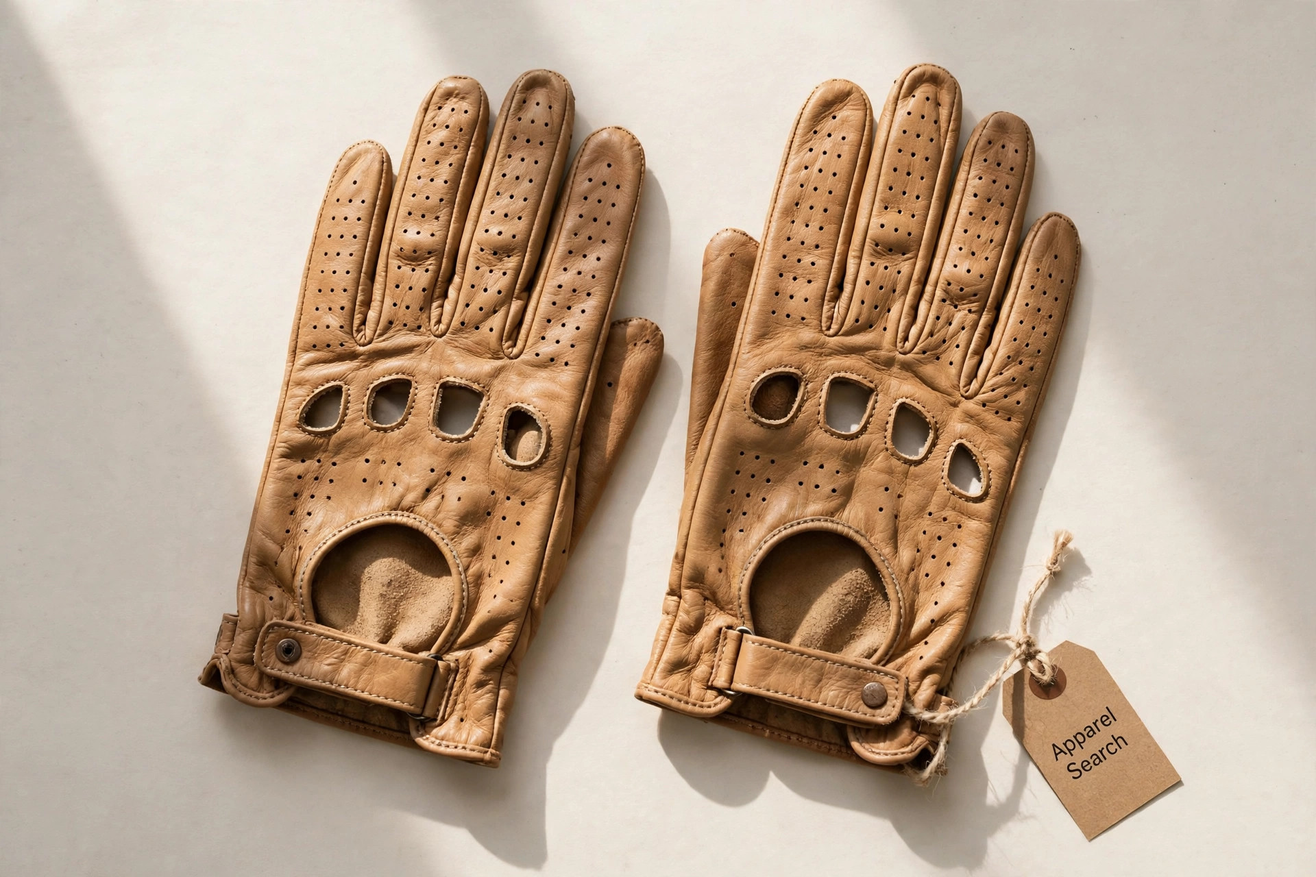 Women's tan leather driving gloves with knuckle cutouts and perforated fingers lying flat, product photography with no people
