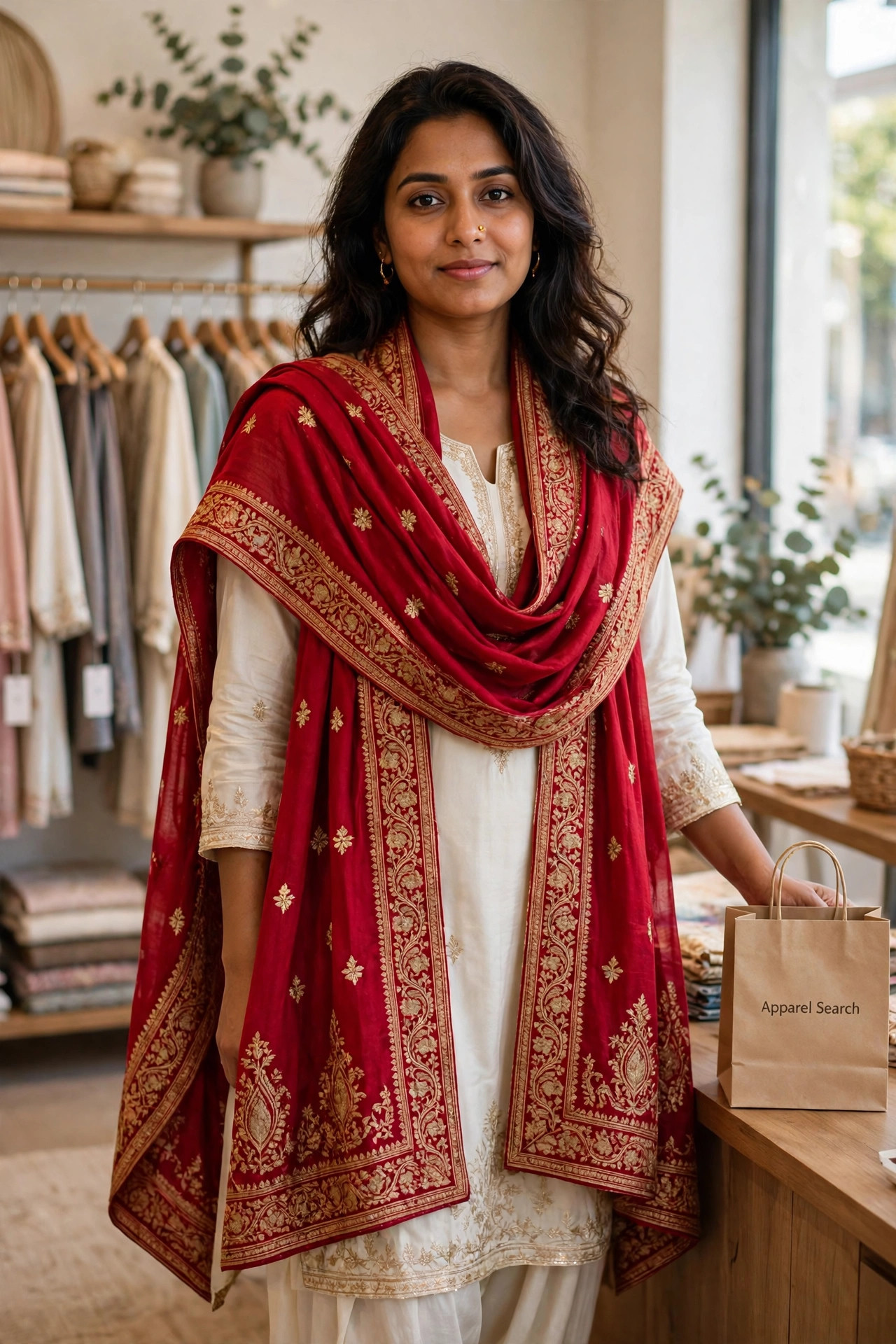 Woman wearing an ivory salwar kameez with a crimson dupatta with a wide gold embroidered border draped over both shoulders