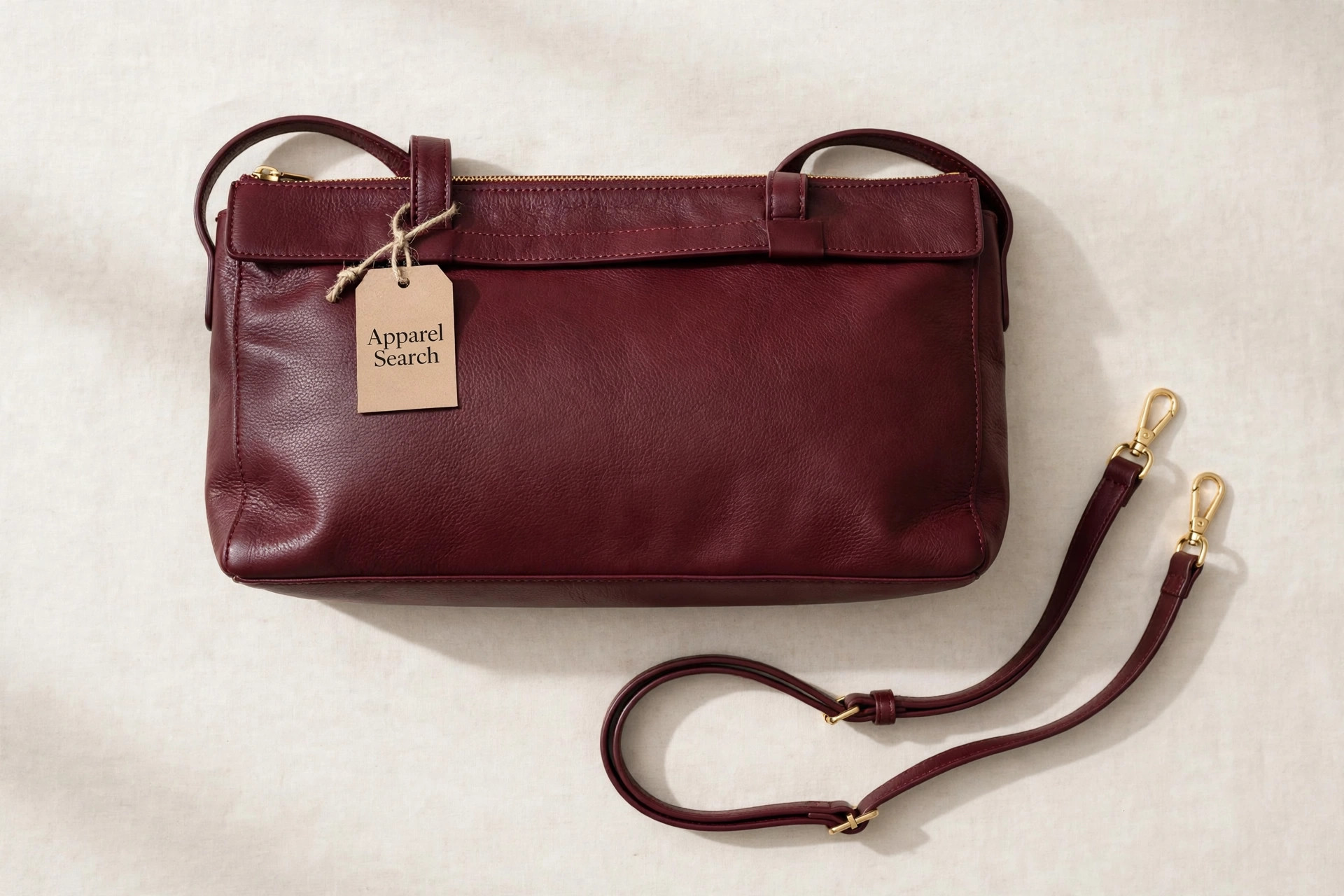 Women's east-west bag in burgundy leather, a wide low shoulder bag with short handles and a detachable strap, product photography with no people