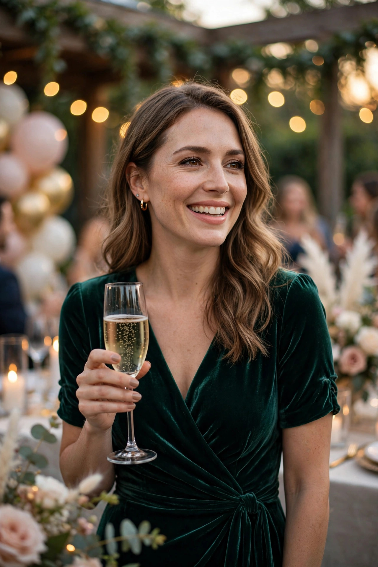 Adult woman in a jewel-tone cocktail dress holding a champagne glass at an engagement party celebration