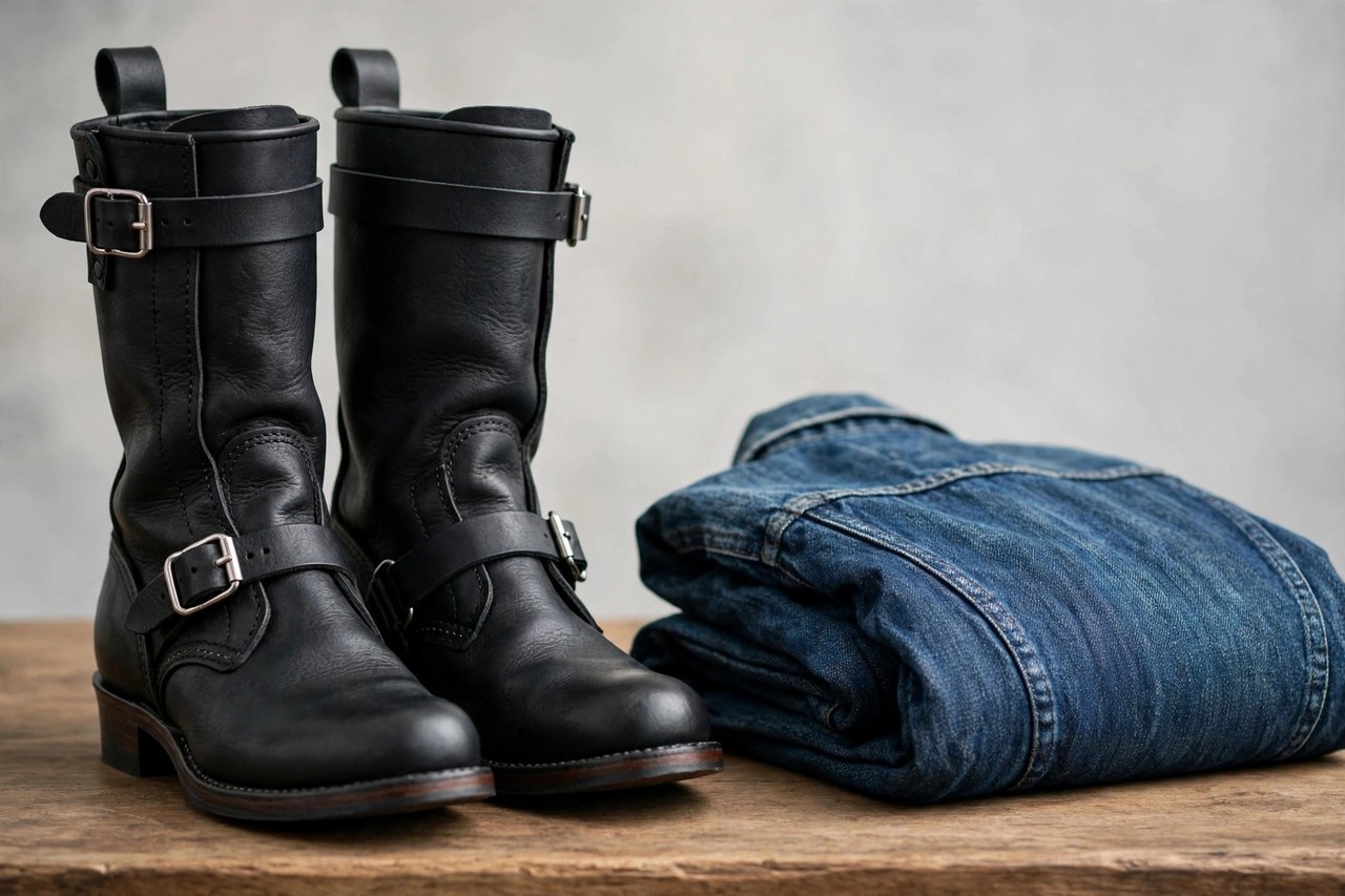 Black leather women's engineer boots with steel-buckled harness and instep straps beside a denim jacket
