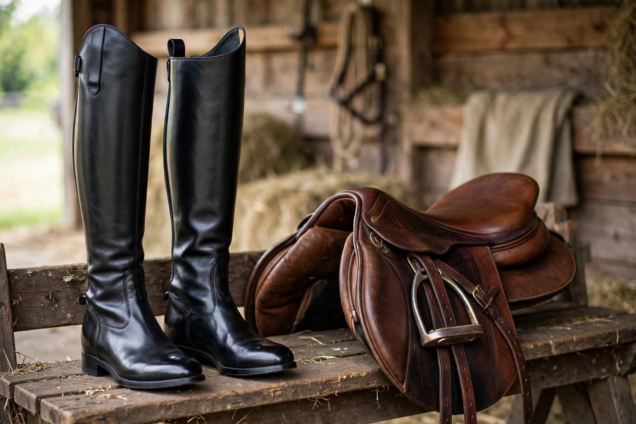 Polished tall black leather women's equestrian riding boots standing beside a saddle