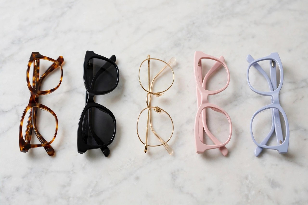Selection of women's eyeglasses and sunglasses frames in tortoiseshell, black and metallic finishes