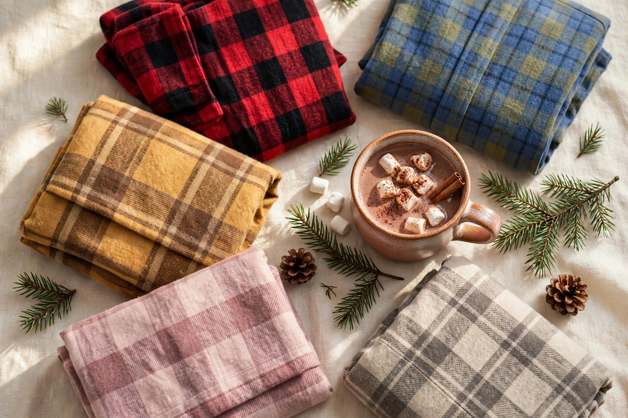 Folded stack of women's flannel pajamas, nightgowns and robes in plaid and printed cotton flannel