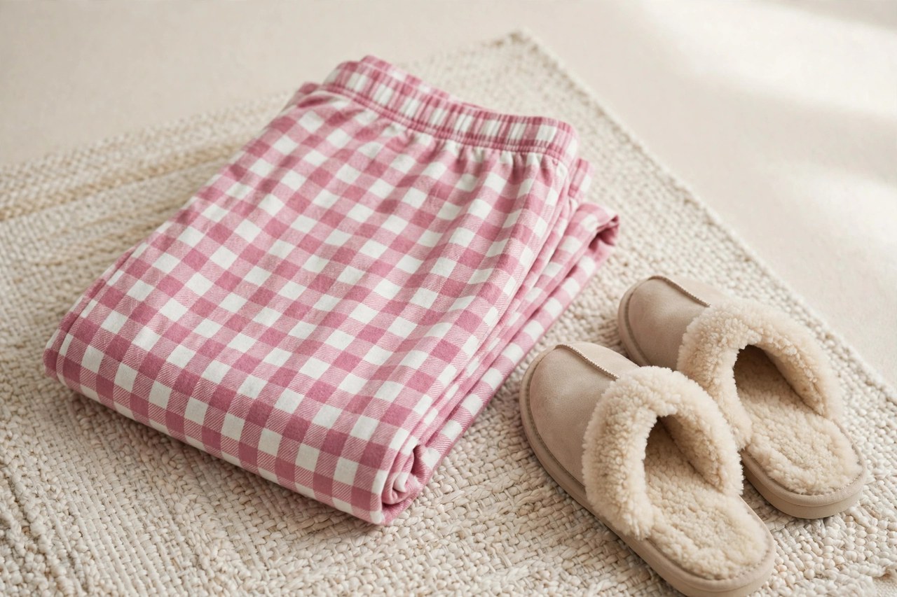 Women's solid flannel pajama pants with a drawstring waist folded on a bed
