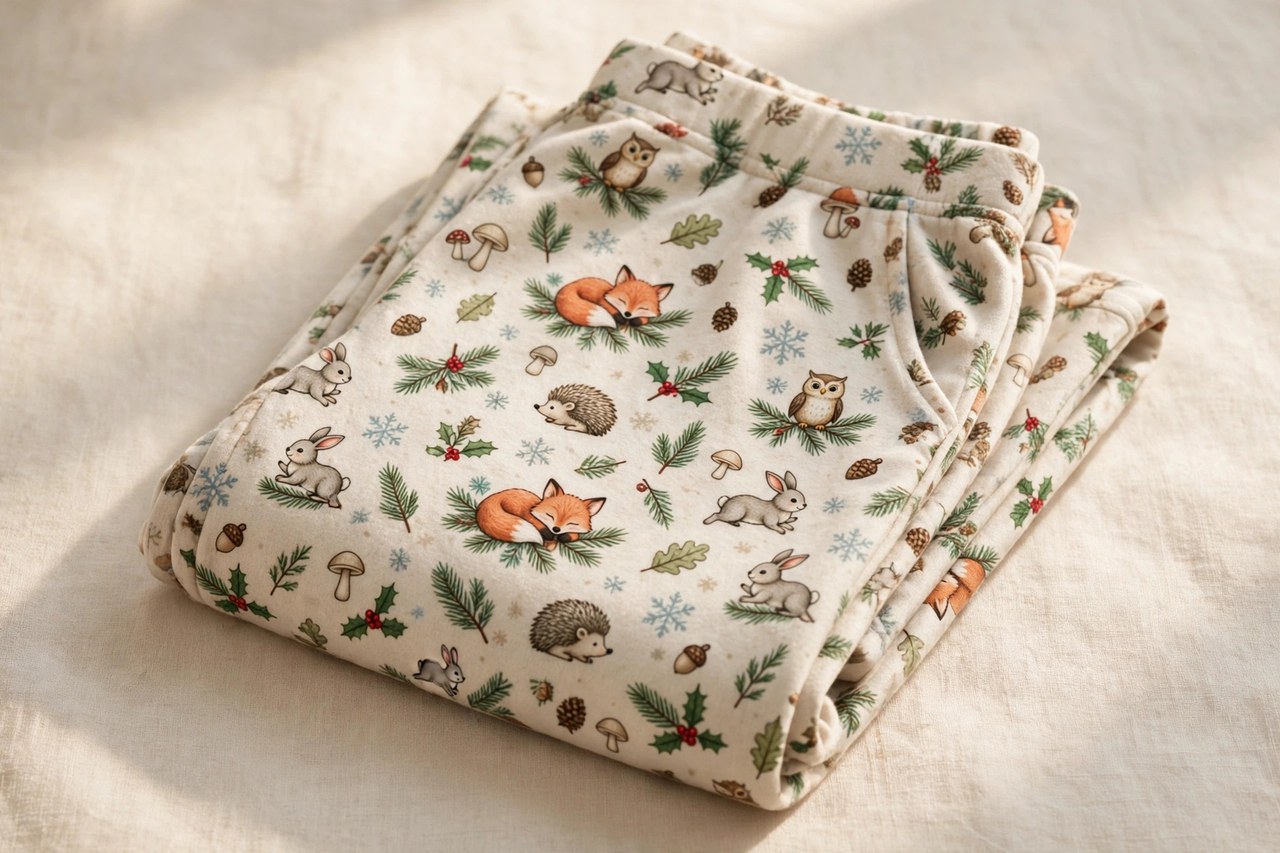 Women's printed flannel lounge pants with a small allover print and a contrasting border at the hem, folded flat