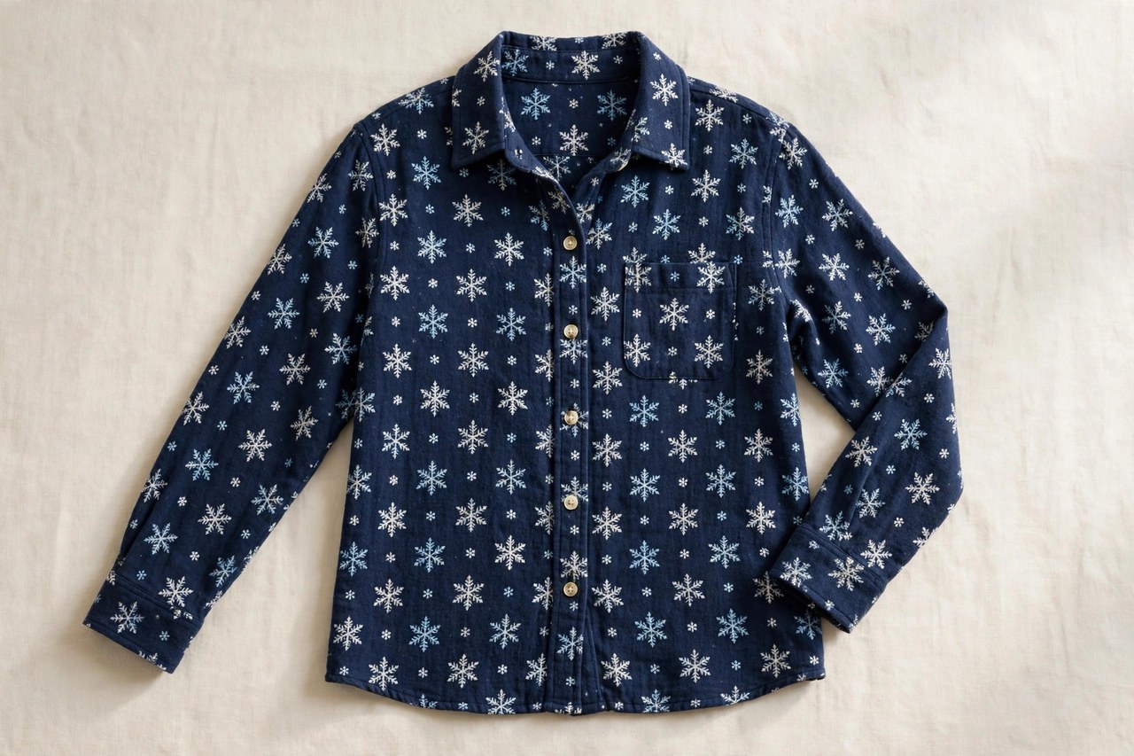 Women's printed flannel lounge shirt with a placed floral motif on the front, folded with plain lounge pants
