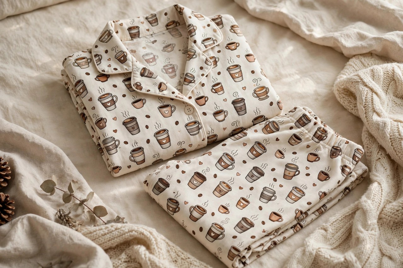 Women's printed flannel pajama set with a matching novelty print on the button top and pants, folded on a bed