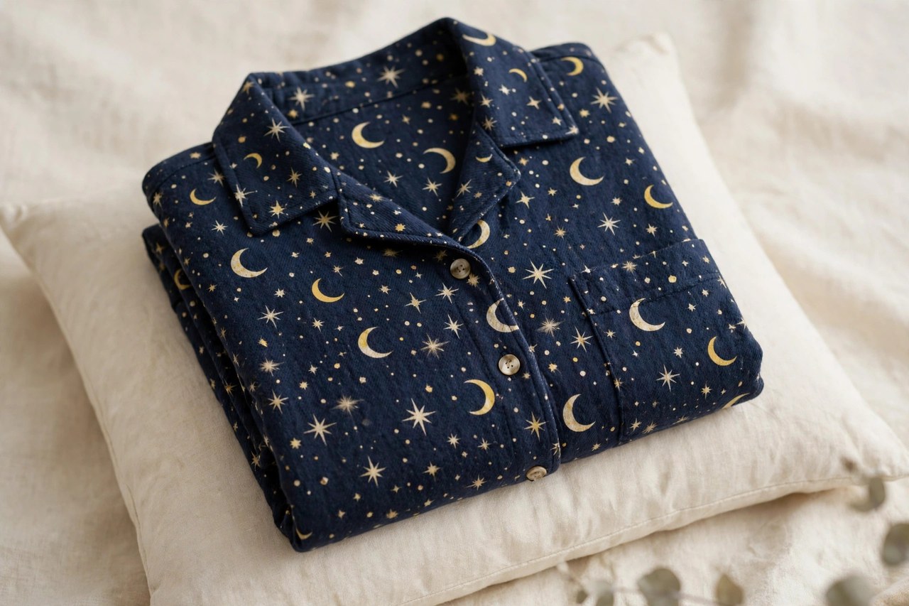 Women's printed flannel sleep shirt with an allover small print and button front hanging on a bedroom door hook