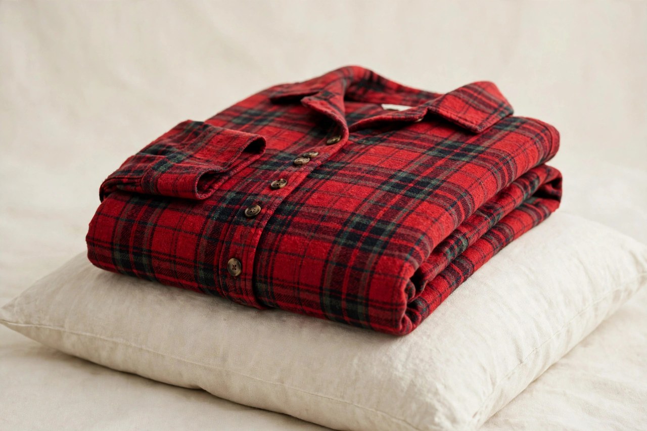 Women's flannel sleep shirt in a solid colour with a Henley neckline folded on bedding