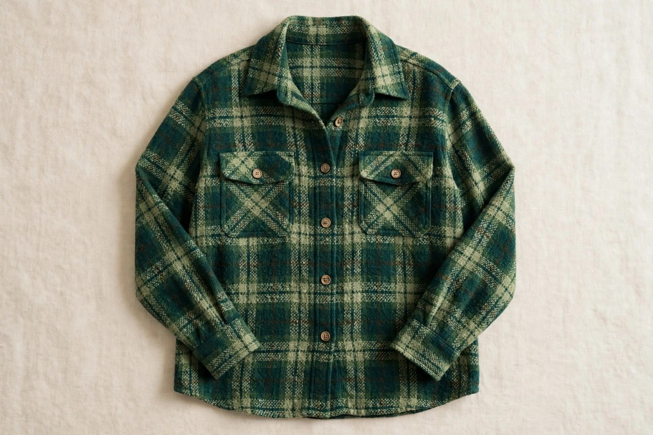 Women's yarn-dyed flannel lounge shirt in a green and cream woven check, sleeves turned back to show the pattern continuing on the reverse