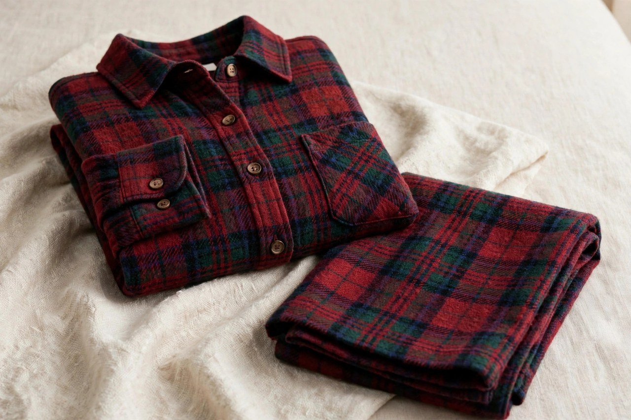Women's yarn-dyed flannel loungewear set in a soft cream and burgundy woven check, top and pants folded together on a cushion