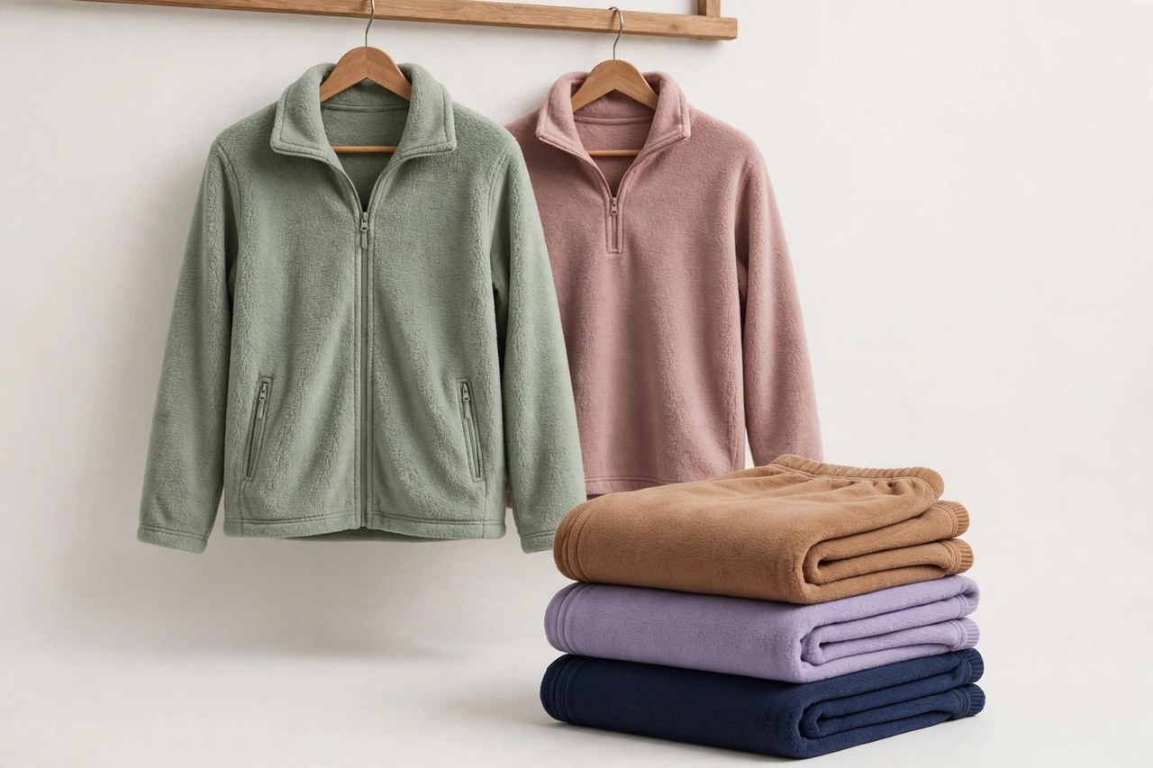 Neatly folded stack of women's fleece clothing in assorted colors including a jacket, pullover and pants