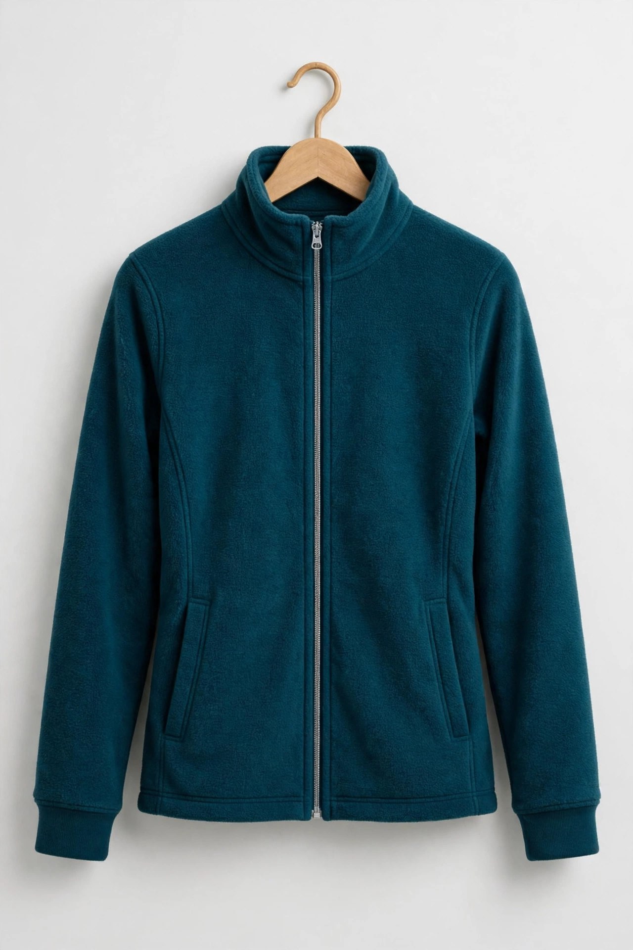 Women's full-zip fleece jacket in deep teal hanging on a hanger with the full-length zipper visible