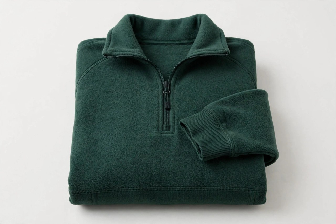 Women's half-zip fleece pullover in forest green neatly folded with the deep chest zipper visible