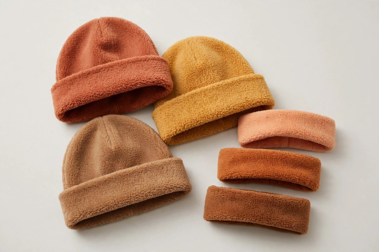 Arrangement of women's fleece beanie hats and ear-band headbands in warm colors