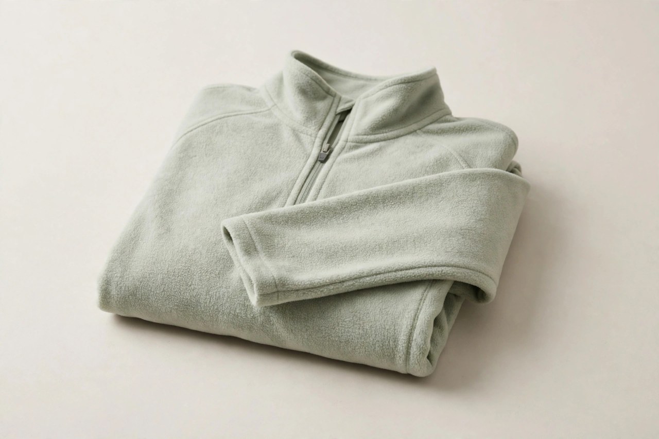 Lightweight women's fleece jacket in pale sage green neatly folded on a light studio background