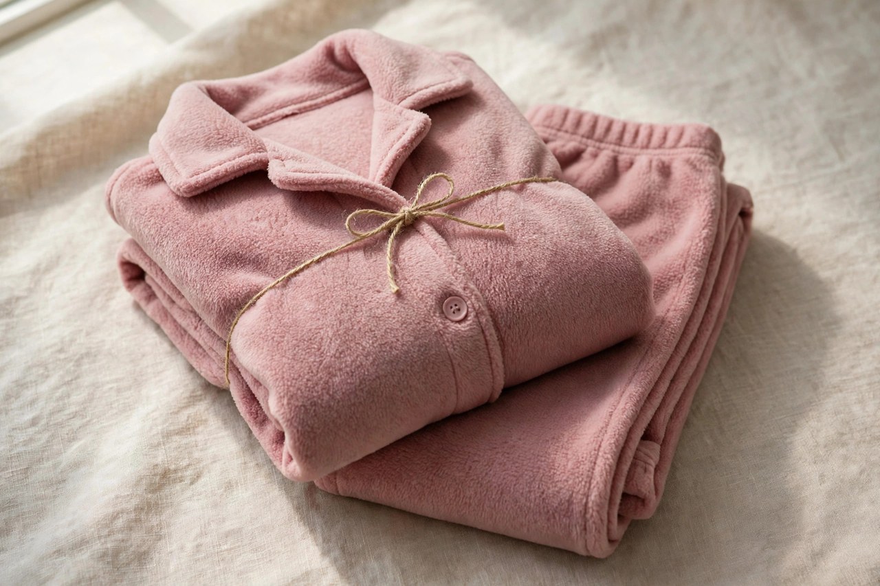 Coordinated women's fleece pj set in dusty rose, matching top and pants neatly folded together with a gift ribbon