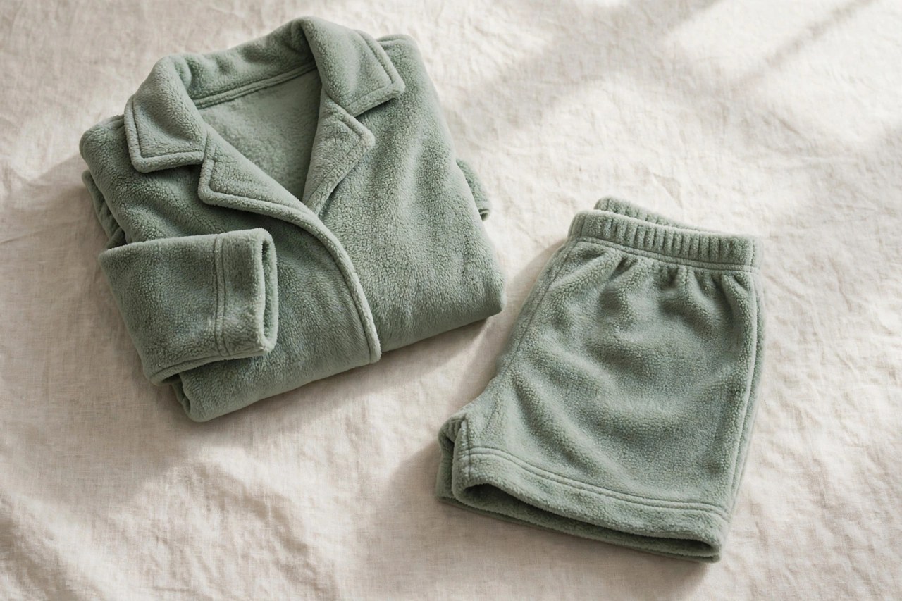 Women's fleece pajama separates in sage green, a folded fleece pj top beside folded pj shorts on a light surface