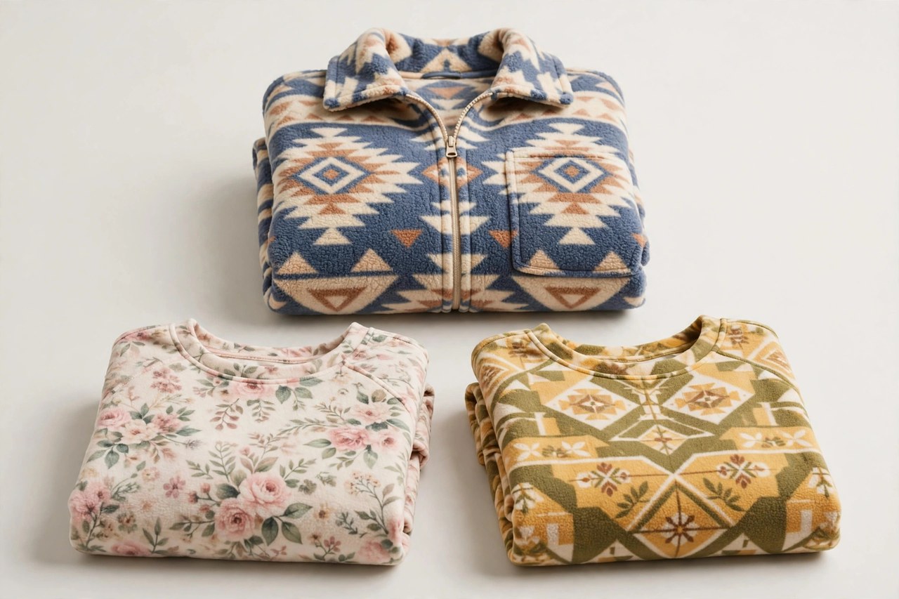 Women's printed fleece clothing with floral and geometric patterns neatly folded