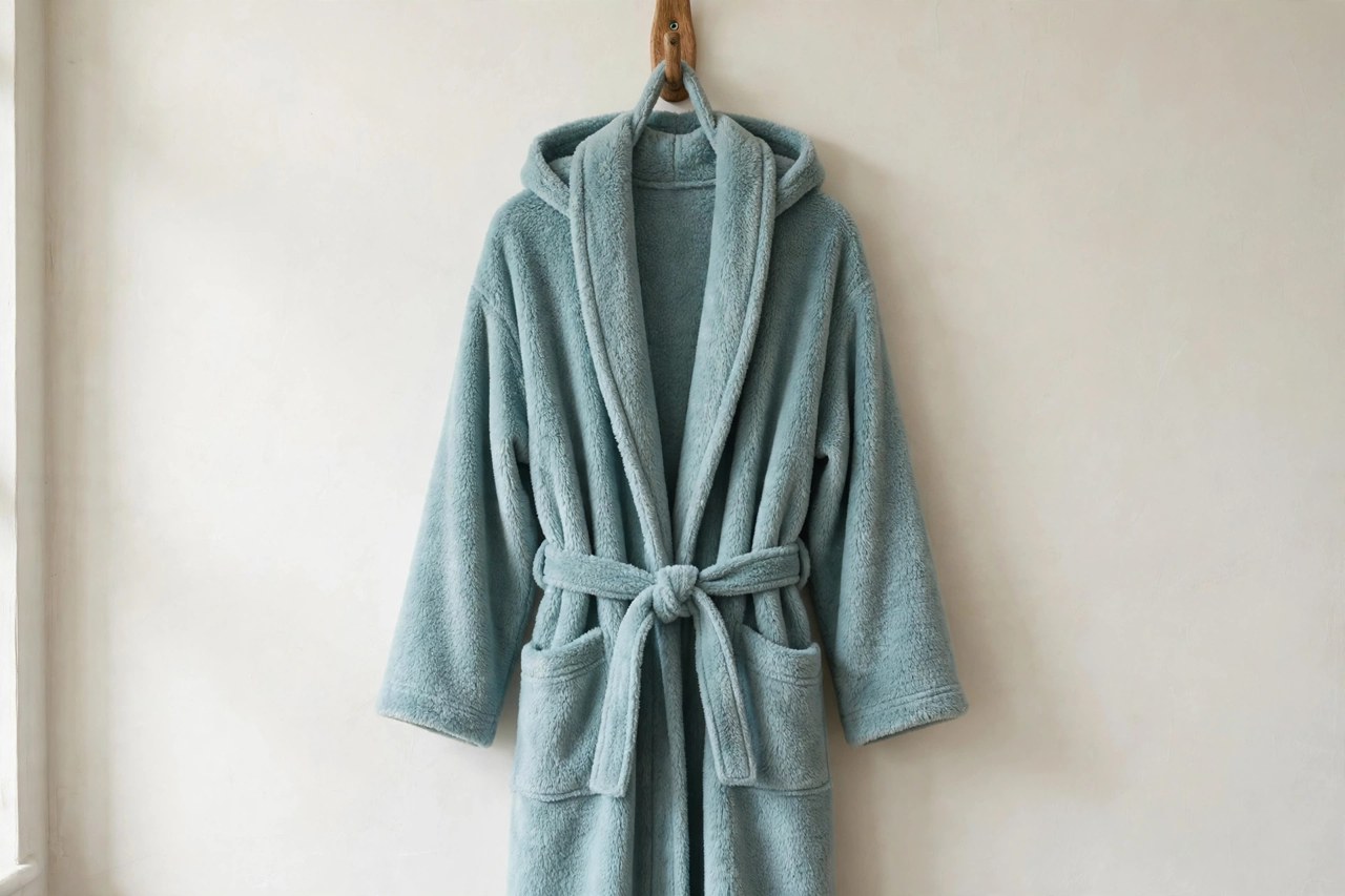 Women's fleece robe in soft teal hanging on a wooden hook on a pale wall with its belt tied
