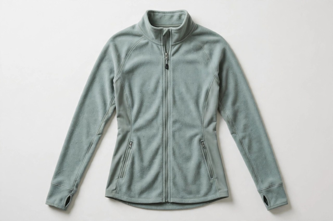 Women's long-sleeved zip-front fleece sports shirt with athletic cut laid flat