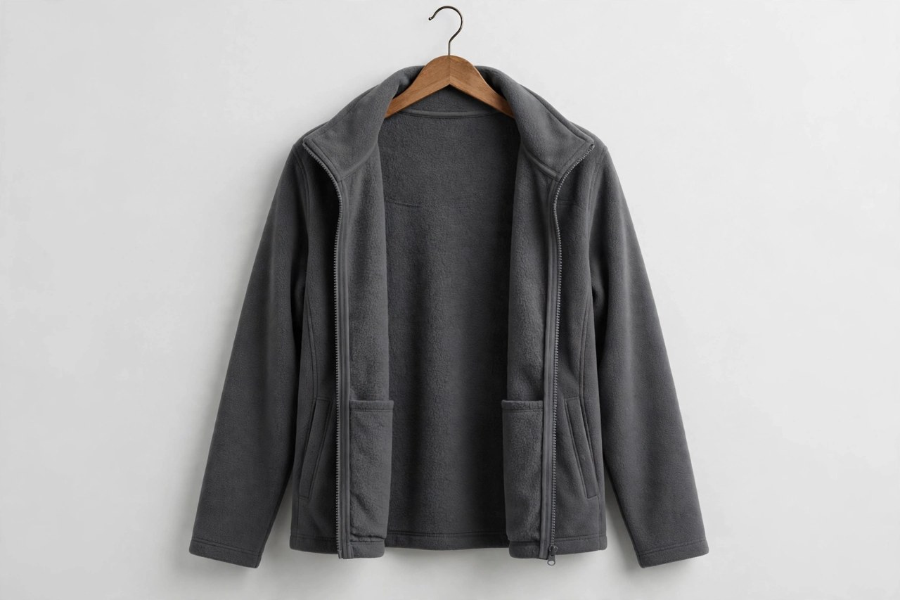 Unlined women's fleece jacket in charcoal grey on a hanger showing its clean single-layer construction