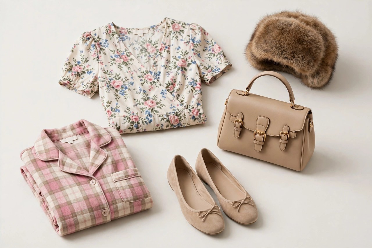 A collection of women's clothing beginning with F: floral dresses, flat shoes, a fashion bag and a fur hat