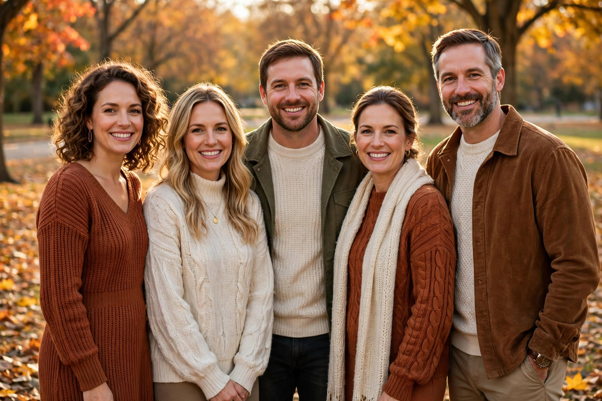 Adult family members in coordinated autumn outfits of rust and cream knits posing outdoors among fall leaves for a family photograph