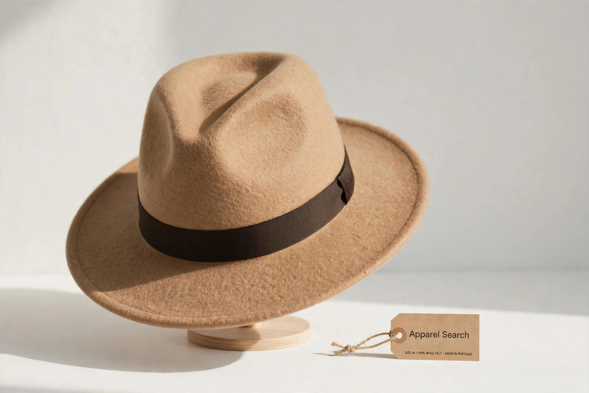 Women's fedora in camel wool felt with a pinched crown and grosgrain band on a plain display stand against a clean light background, product photography with no people