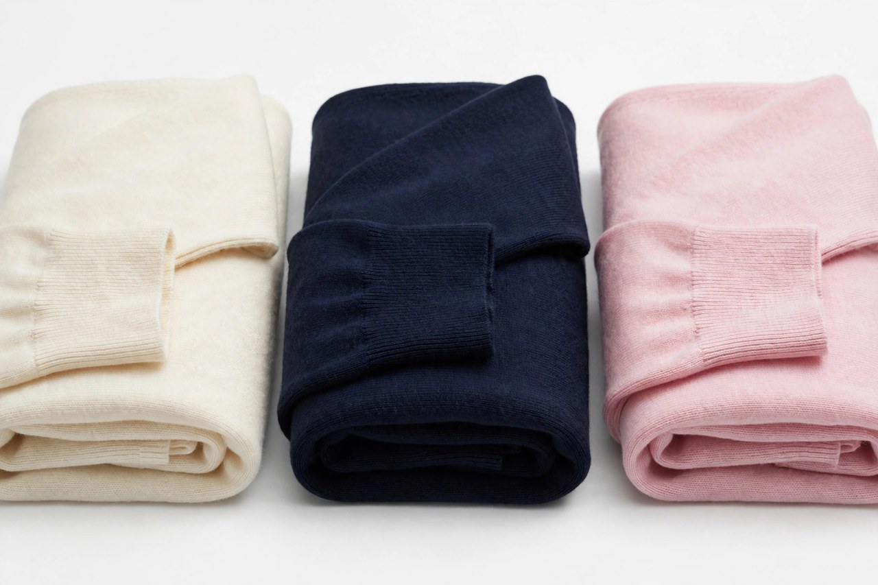 Neatly folded women's fine gauge cotton sweaters in ivory, navy and soft pink showing the smooth knit
