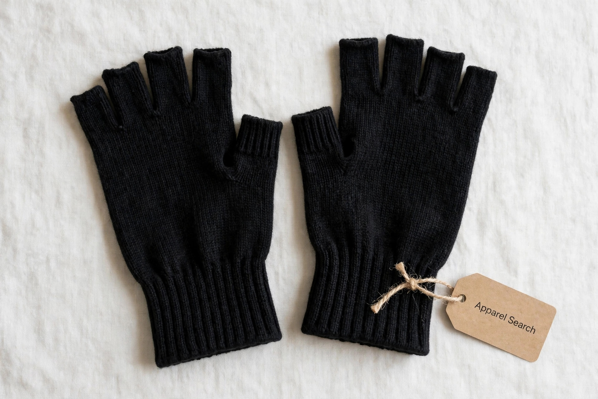 Women's black knit fingerless gloves with thumb holes lying flat, product photography with no people