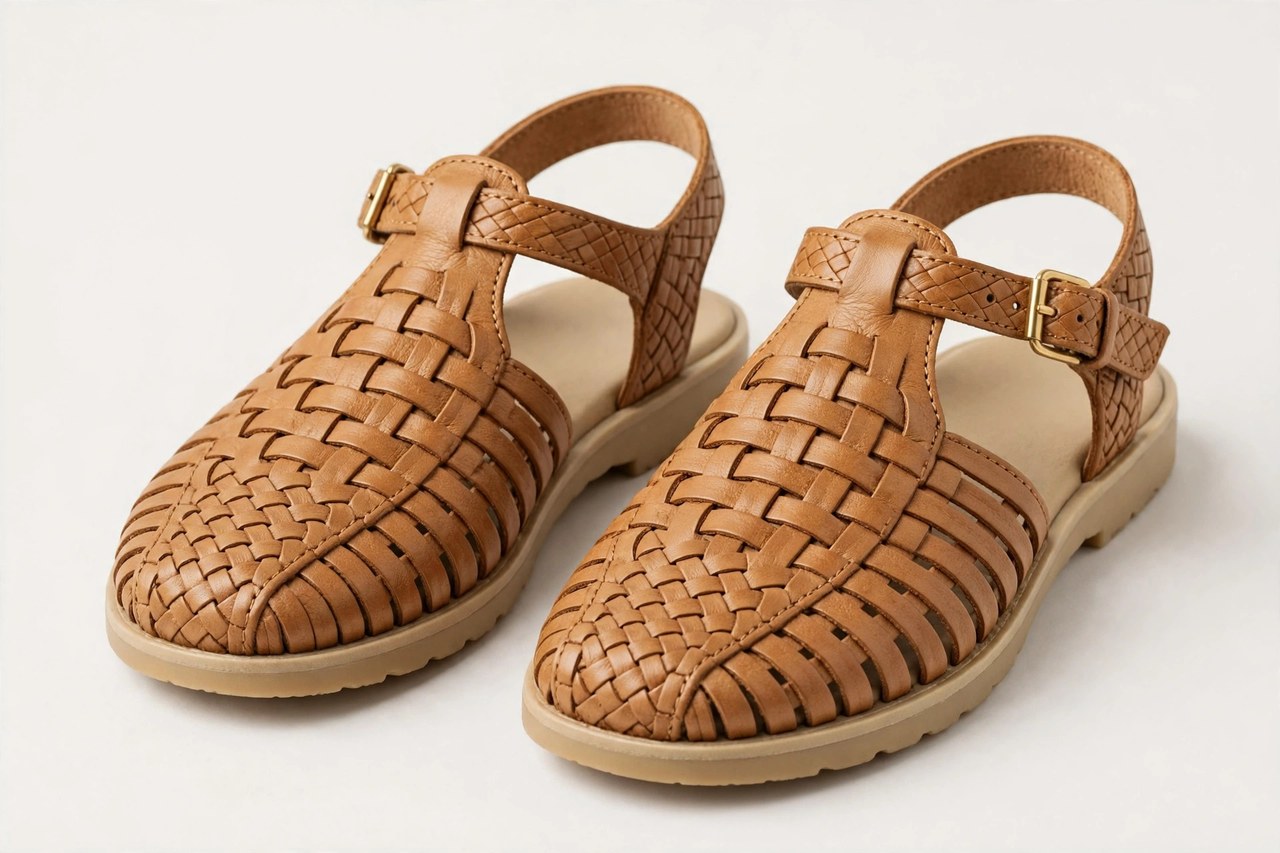 Women's fisherman sandals in woven tan leather with closed toes and ankle straps