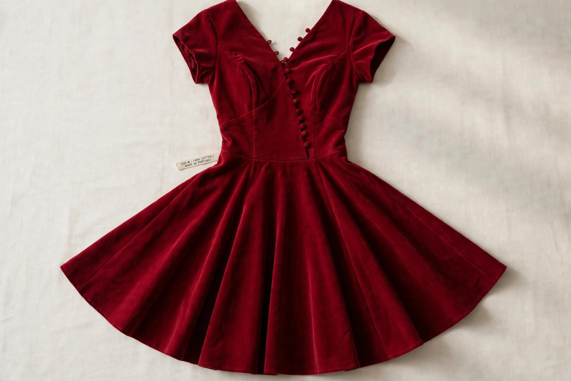 Women's fit and flare dress in deep red fabric laid flat, showing the fitted bodice, defined waist seam and full flared skirt, product photography with no people