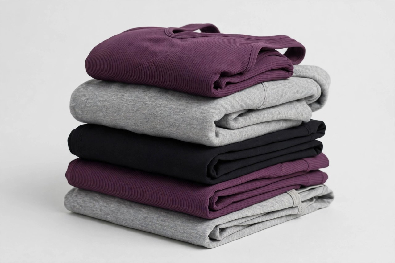 A neat stack of women's fitness clothing in plum, grey and black ready for a week of workouts
