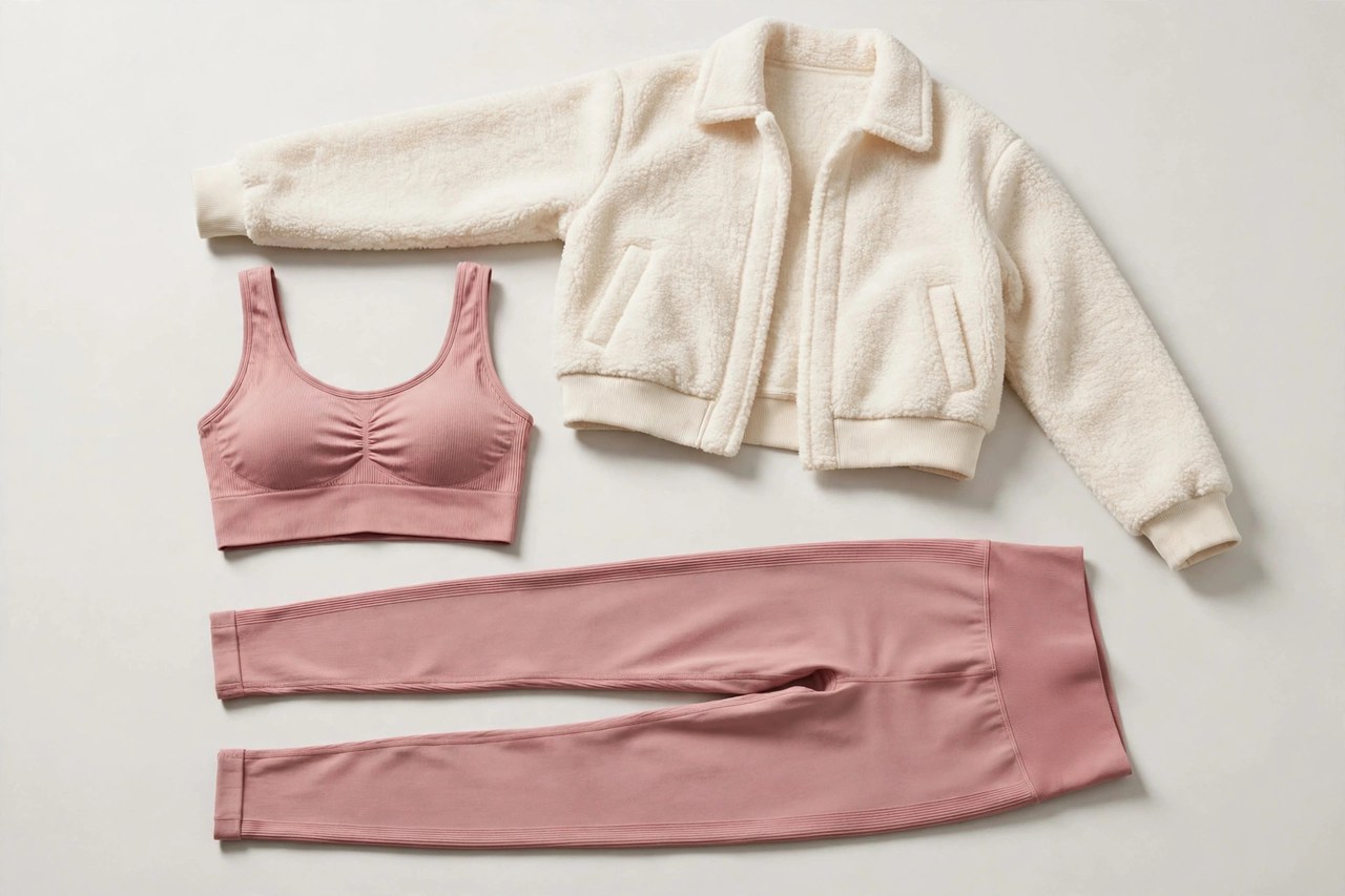 Women's athleisure outfit in soft rose and cream: matching leggings and top with a cropped jacket