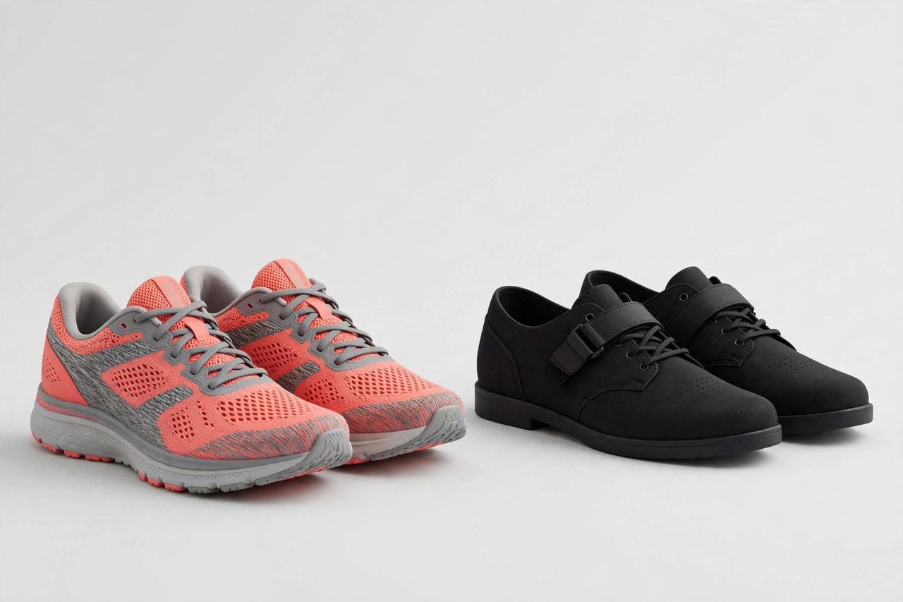A pair of women's fitness shoes in coral and grey beside a pair of flat lifting shoes