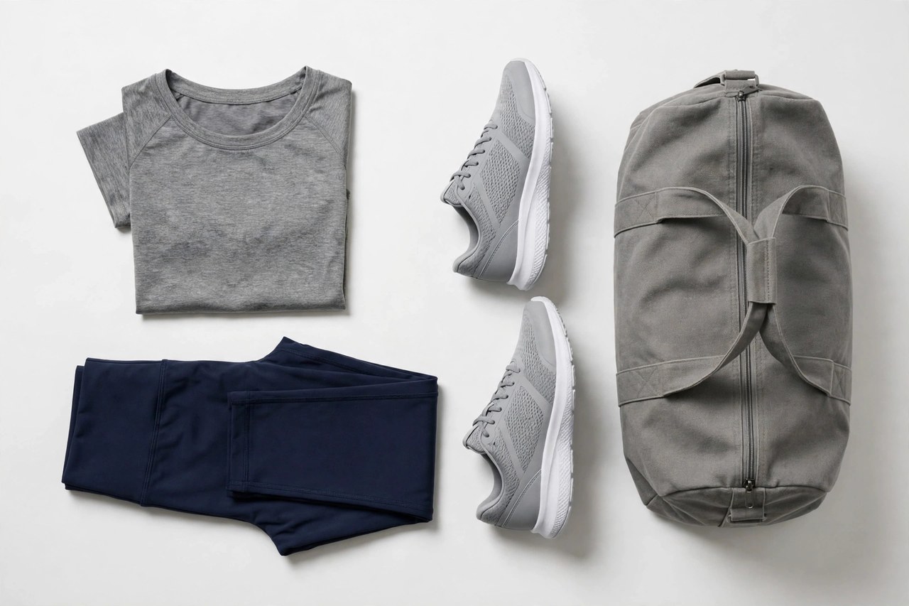 Women's fitness wear laid out together: leggings, top, training shoes and a gym bag in navy and grey