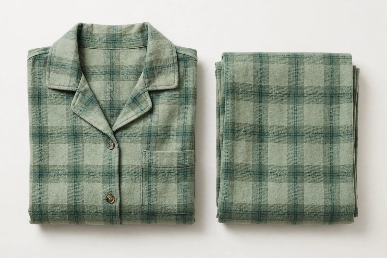 A women's flannel pajama set folded neatly: button-up top and pants in soft green plaid