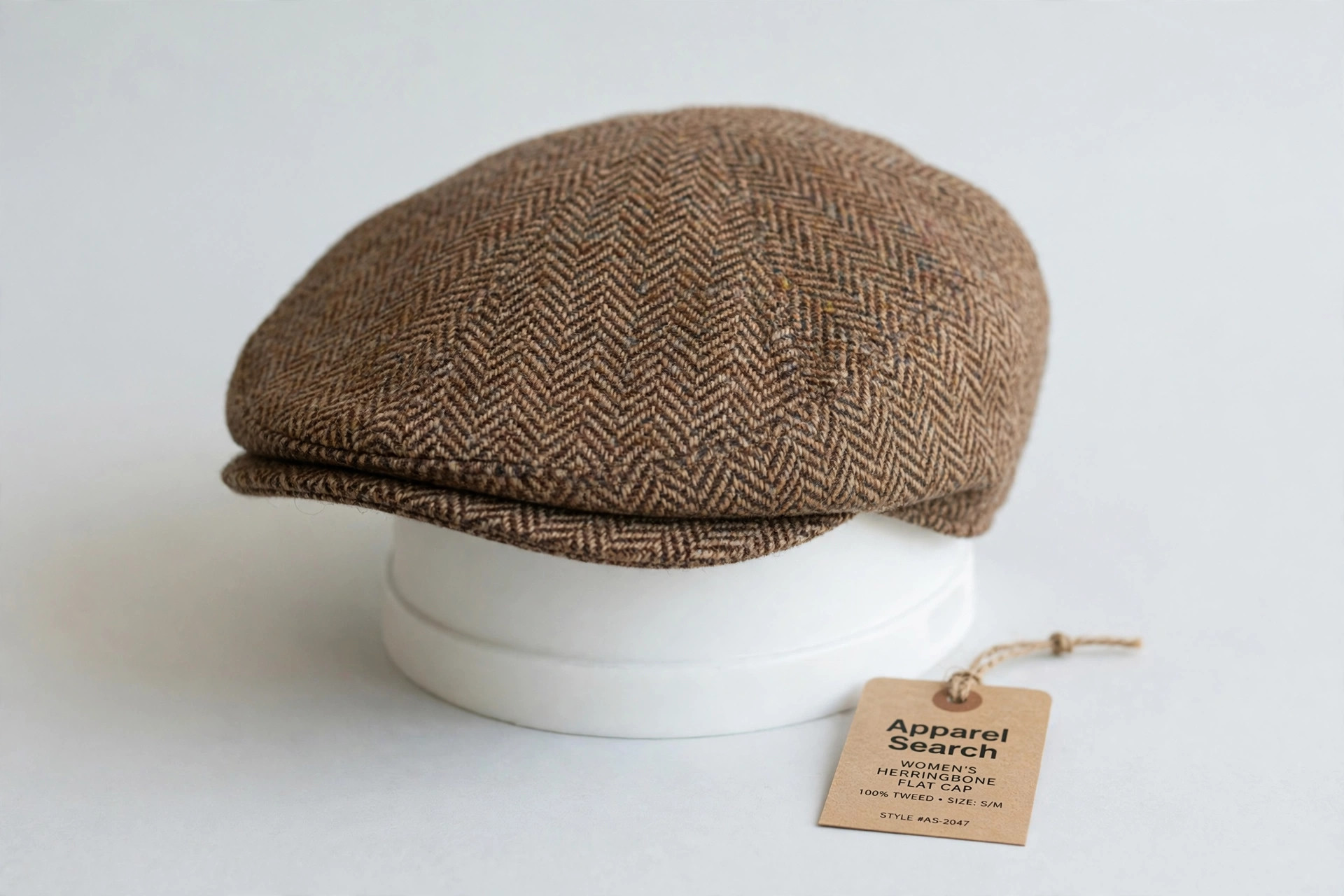 Women's flat cap in brown herringbone tweed with a short front peak on a plain display stand against a clean light background, product photography with no people