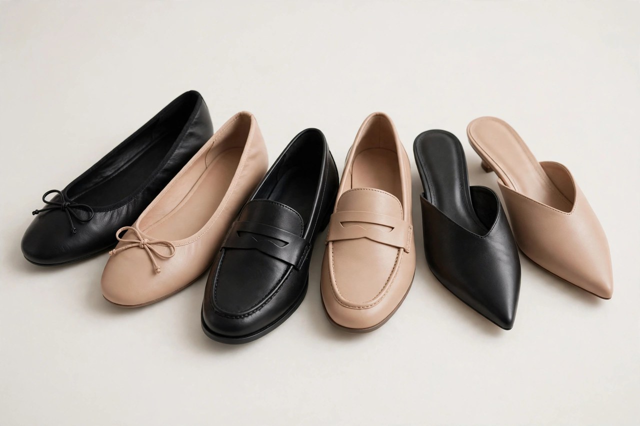 Women's flat shoes arranged together: ballet flats, a loafer and a pointed mule in black and nude