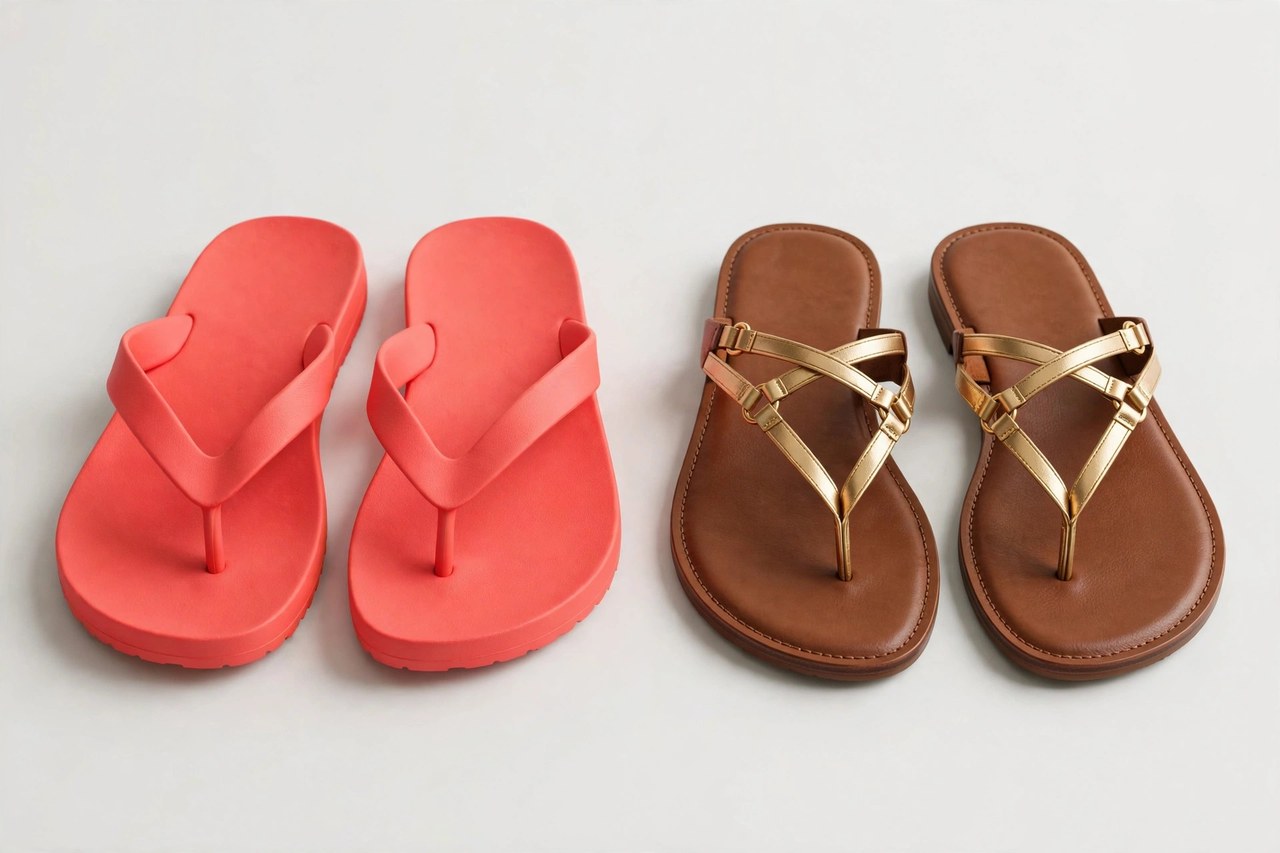 Women's flip flop sandals in bright coral rubber beside a dressier leather pair with gold straps