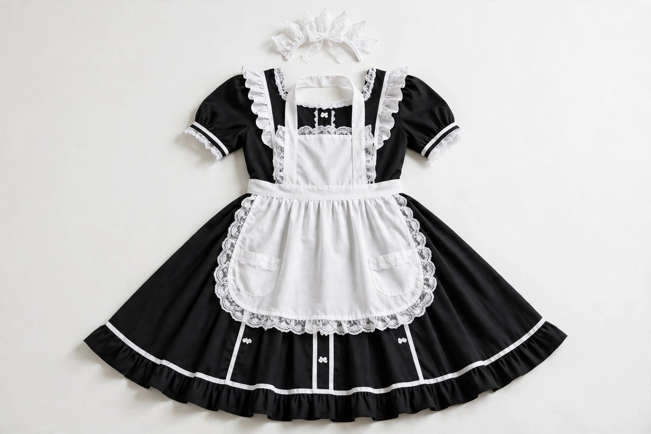 A classic French maid costume laid flat as a product: black dress, white apron and lace headpiece