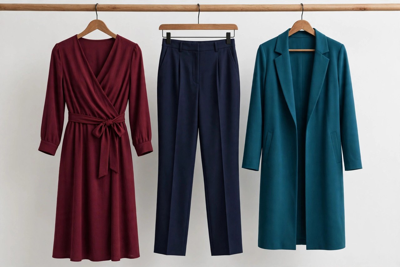 Elegant plus size women's clothing on a rail: a wrap dress, tailored trousers and a longline jacket in rich colours