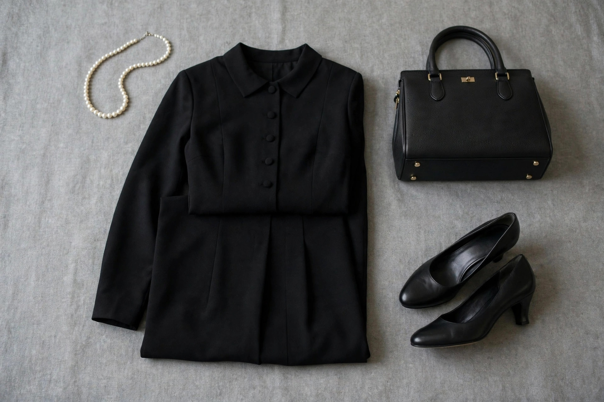 Women's funeral outfit laid flat: a black knee-length dress, black low heels, a simple pearl necklace and a dark structured handbag