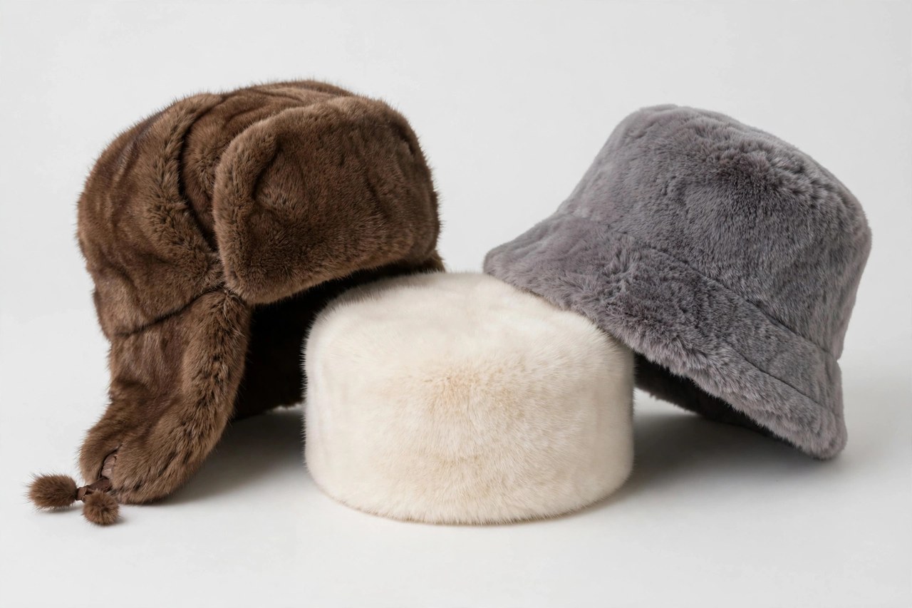 Women's fur hats: a brown ushanka with ear flaps, a cream pillbox hat and a grey faux fur hat