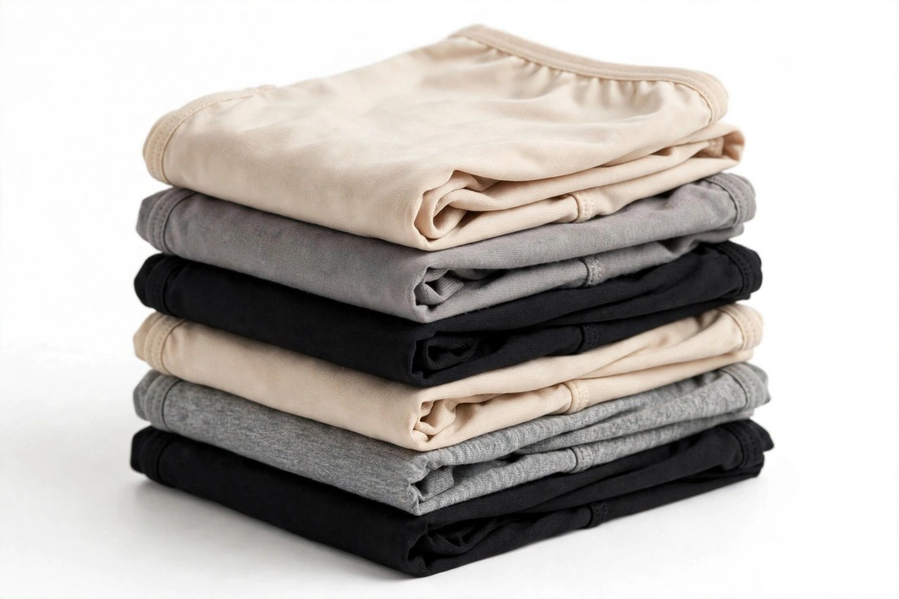 Folded women's underwear in cotton and microfibre fabrics in neutral colours, laid flat