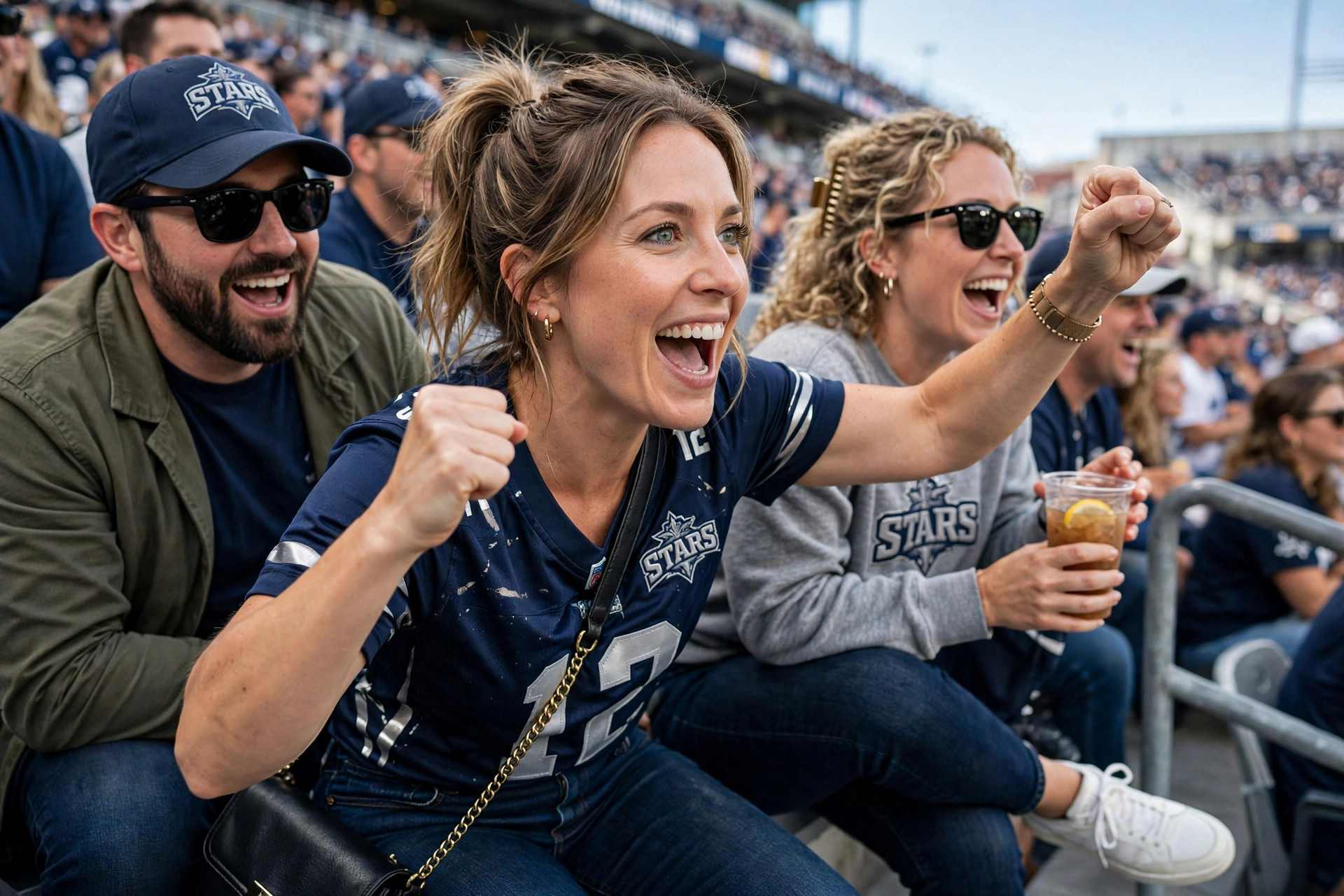 Adult woman in a stylish game day outfit with a team-color top, dark jeans and white trainers cheering in a stadium stand