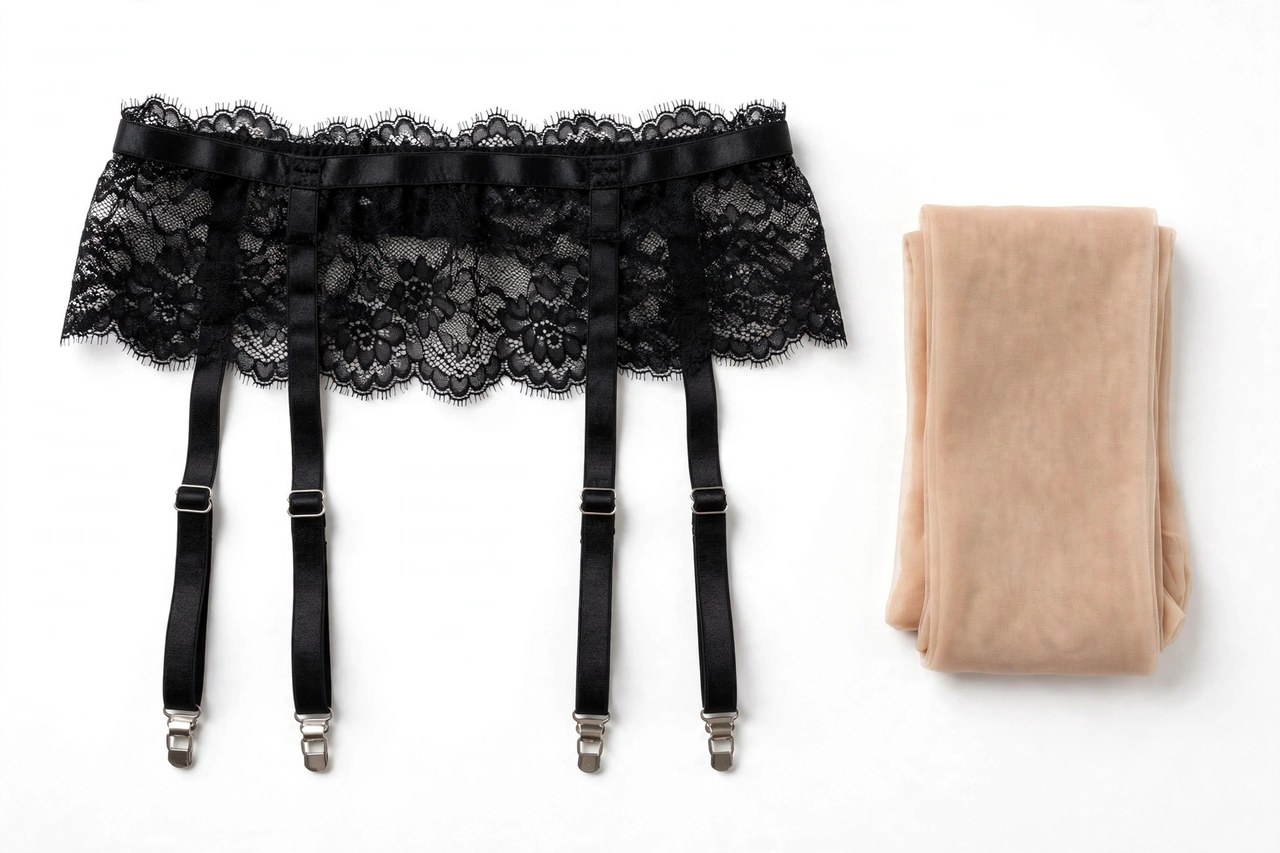 A women's garter belt in black lace with four straps and metal clips, laid flat beside a pair of stockings