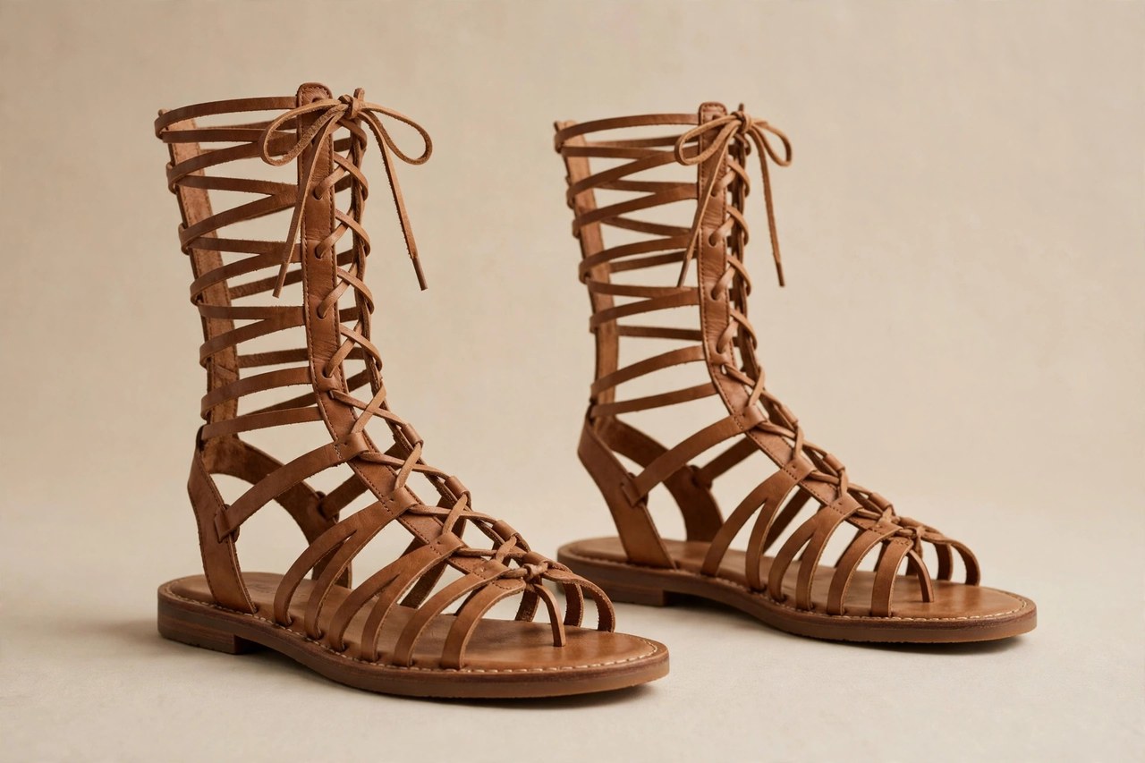 A pair of women's tan leather gladiator sandals with straps lacing to mid-calf